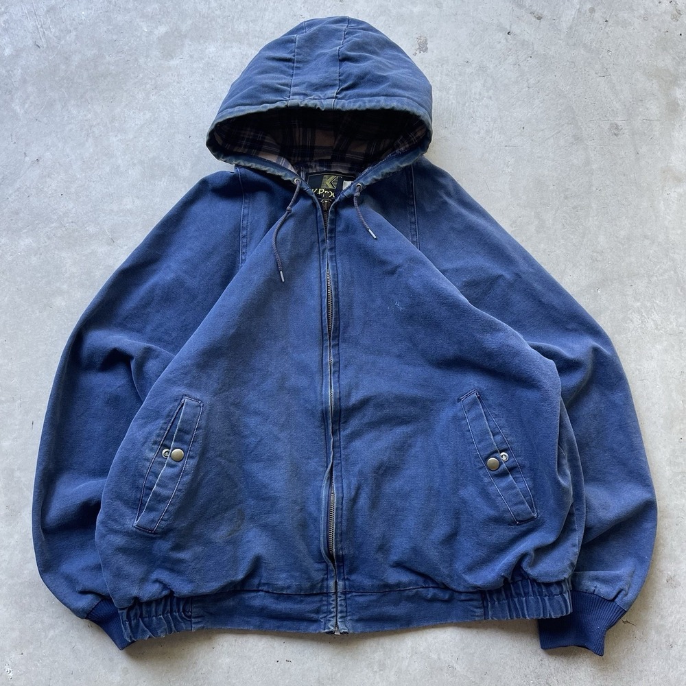 Vtg K-Products Men's XL Plaid Lined Blue Canvas Hooded Workwear Jacket USA Made